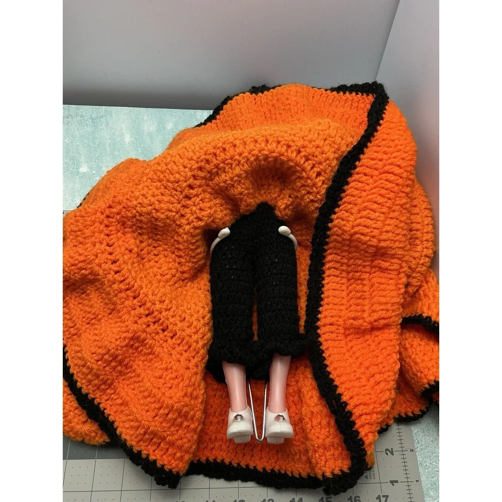 Vtg Halloween  Doll Black Hair Sleepy Eye Crochet Pumpkin Color Dress With Stand